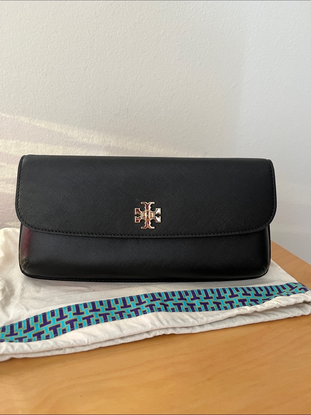 Tory Burch Black Leather Flap Clutch with Gold Logo